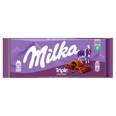 Milka Triple Choco Cocoa alpesi tejcsokoládé kakaós krémmel, töltelékkel és keksz darabokkal 90 g