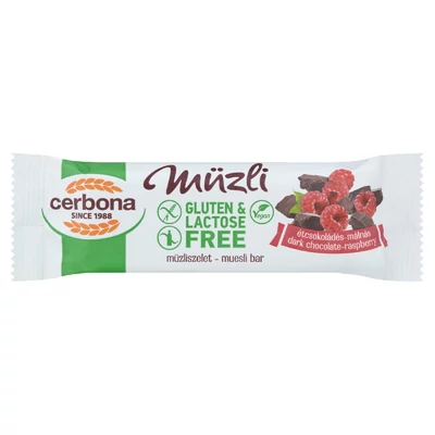 Cerbona Big gluténmentes, laktózmentes étcsokoládés-málnás müzliszelet 35 g