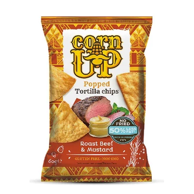 Corn Up teljes kiőrlésű sárga kukorica tortilla chips marhahús és mustár ízesítéssel 60g