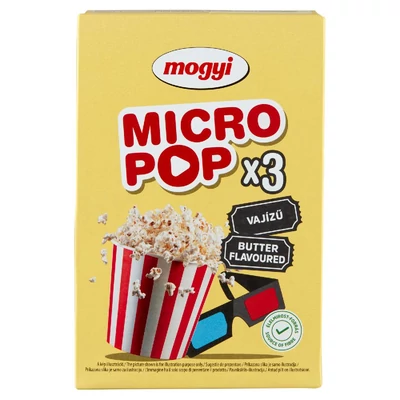 Mogyi Micro Pop vajas ízű, mikrohullámú sütőben elkészíthető pattogatni való kukorica 3 x 100 g