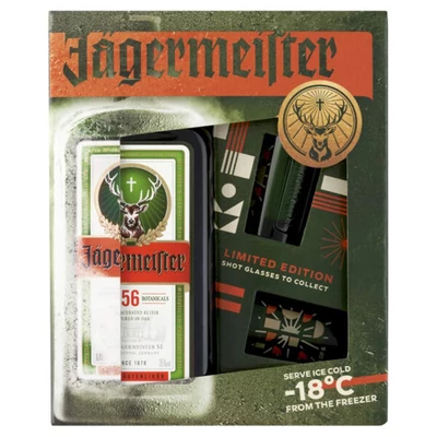 JÄGERMEISTER 0,7L 35% + 2 DB GYŰJTHETŐ SHOT POHÁR DÍSZDOBOZBAN